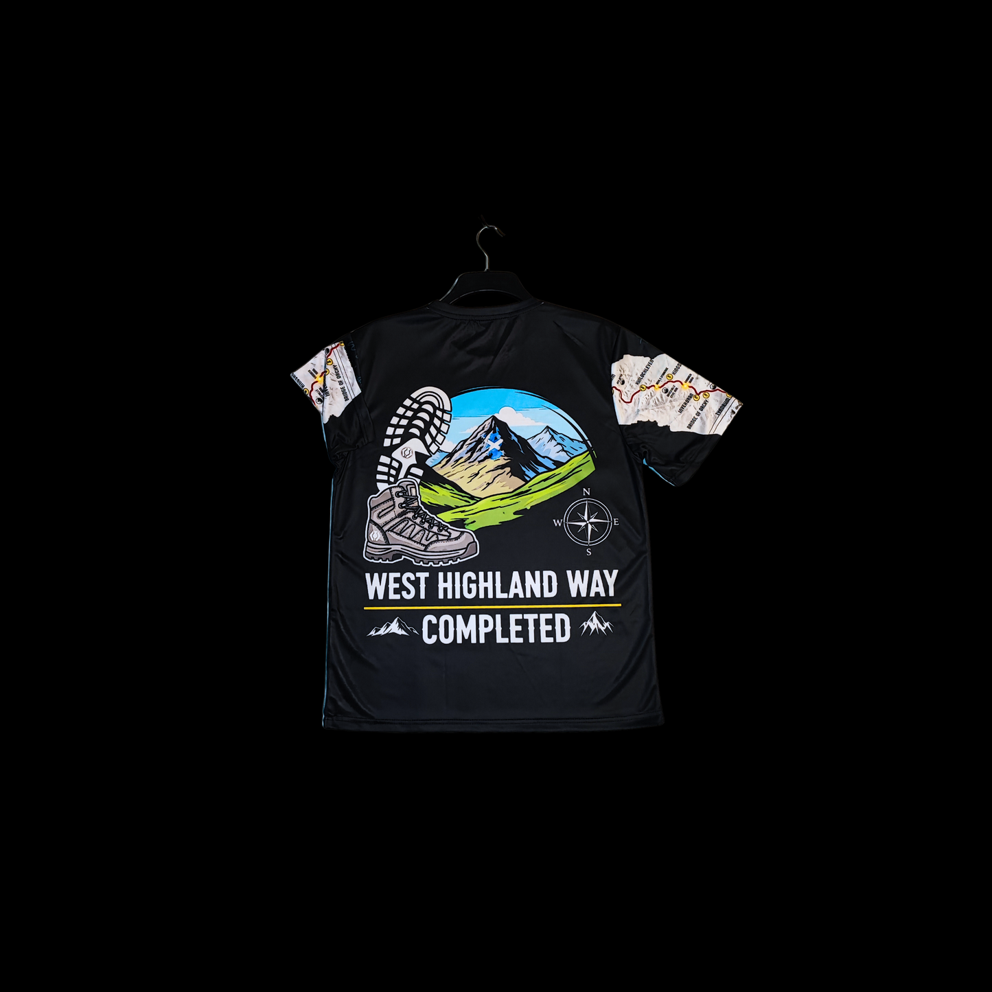 WHW Finisher black t-shirt detail of completed trail graphic
