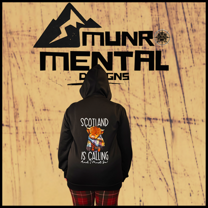 Munro Mental hoodie Scotland Is Calling worn by model with hood up back view
