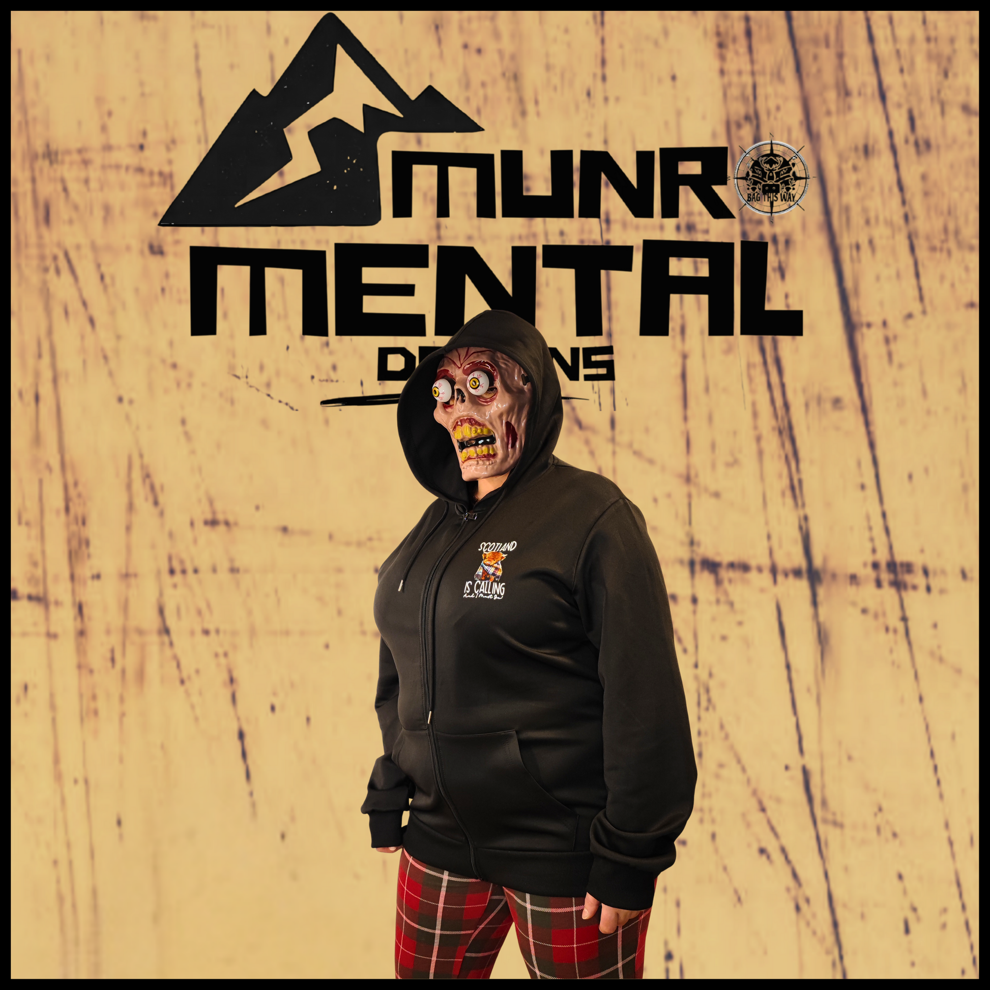 Munro Mental hoodie Scotland Is Calling worn by model right side view
