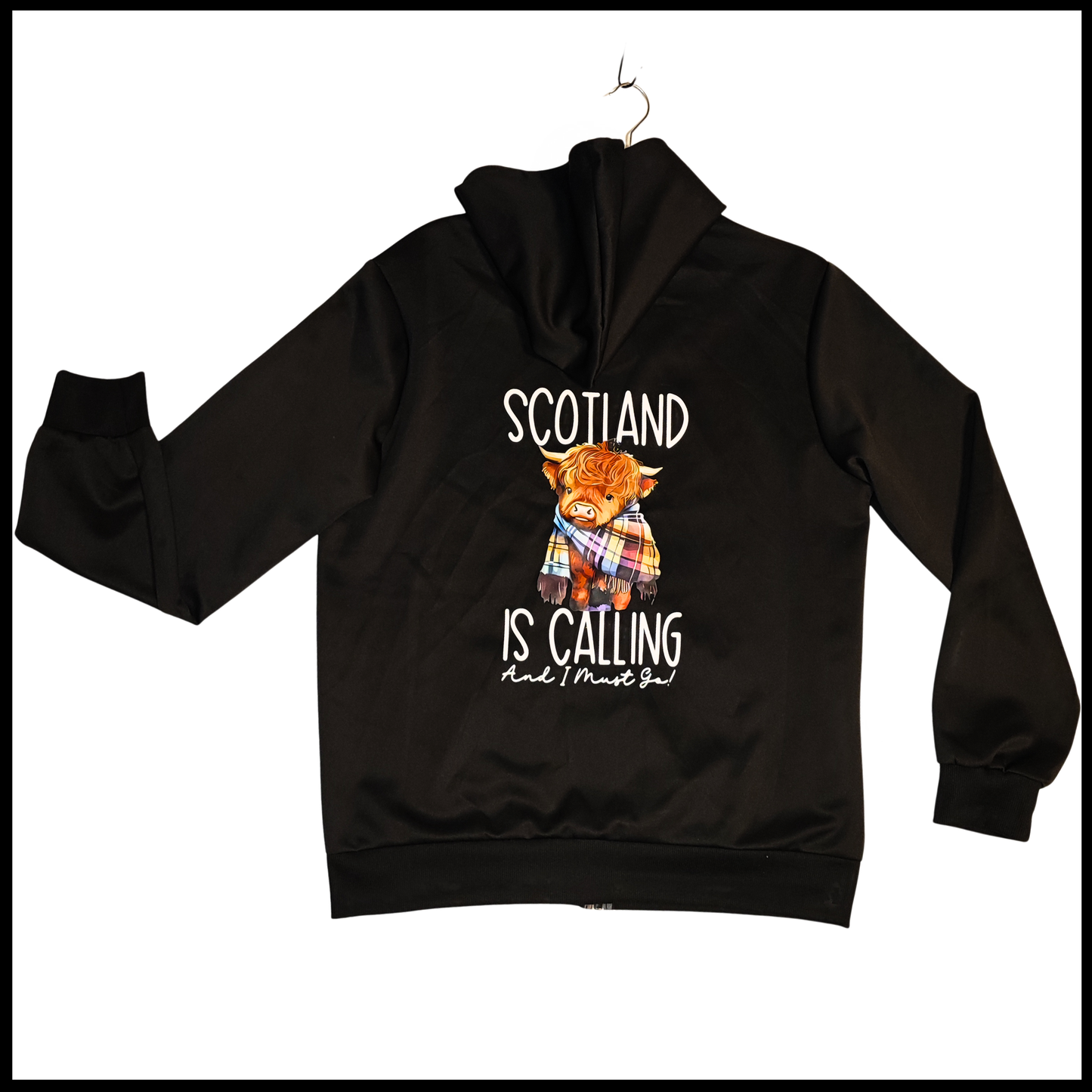 Munro Mental hoodie Scotland Is Calling back view with Scottish cow illustration

