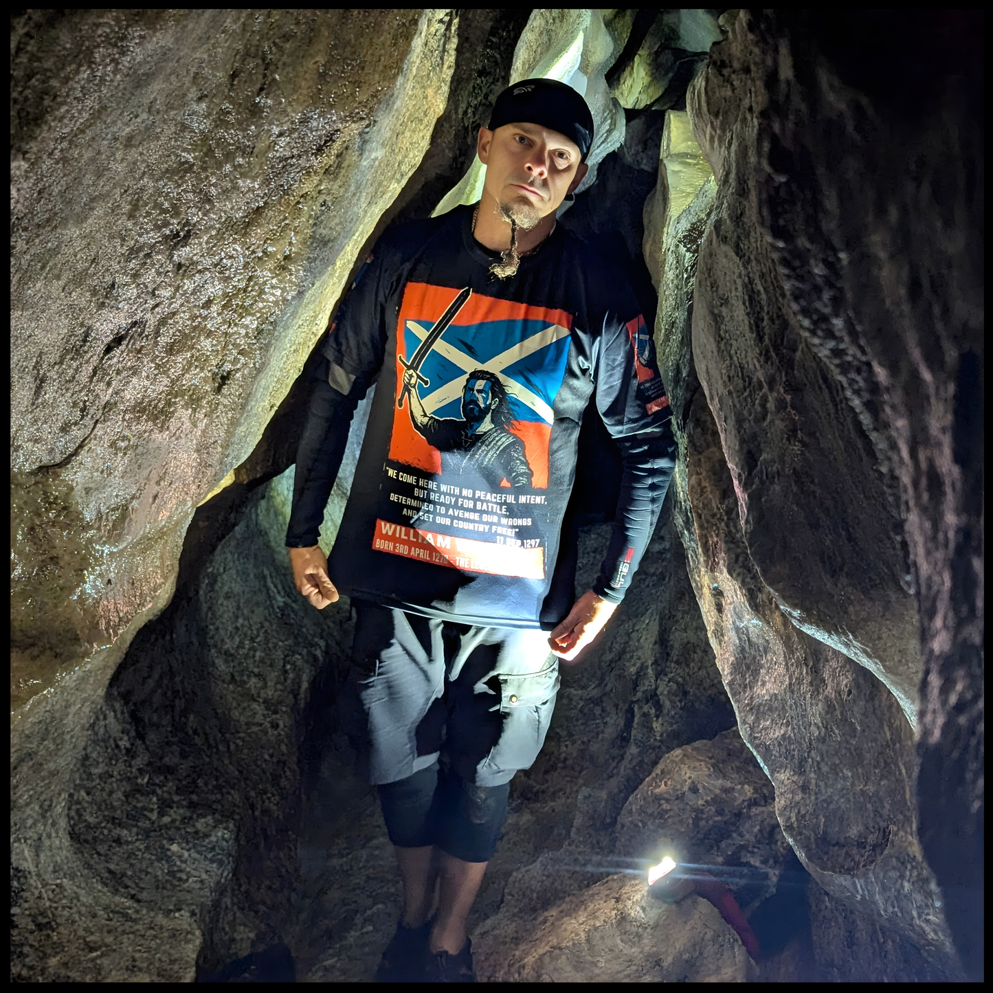 Battle of Stirling Bridge t-shirt worn in cave environment front view
