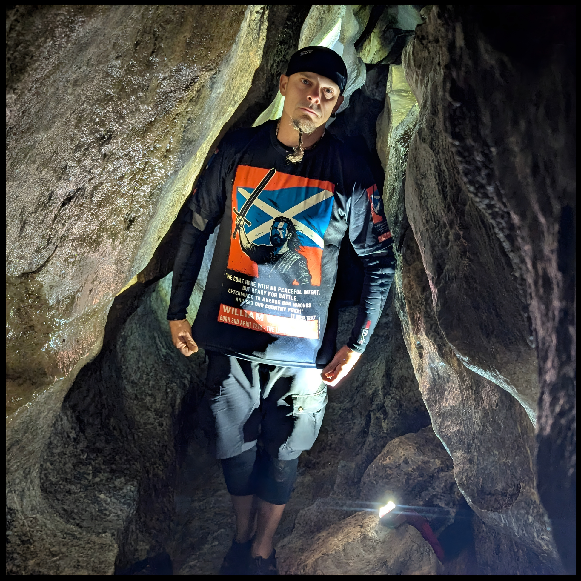 Battle of Stirling Bridge t-shirt worn in cave environment front view
