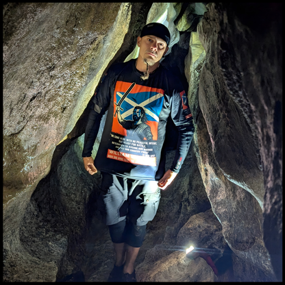 Battle of Stirling Bridge t-shirt worn in cave environment front view
