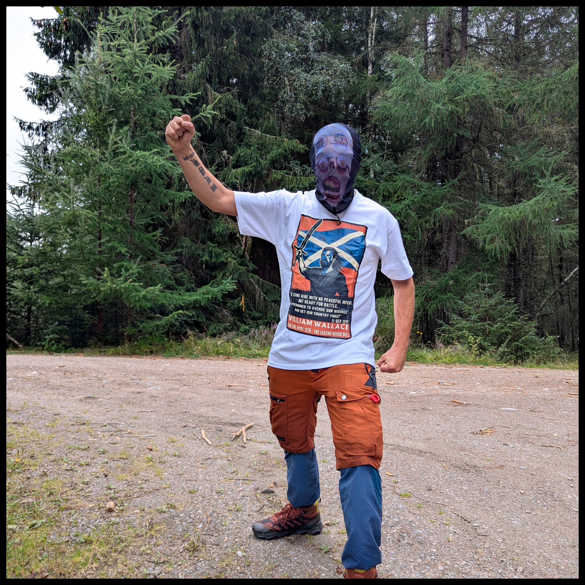 Battle of Stirling Bridge t-shirt worn in forest setting front view
