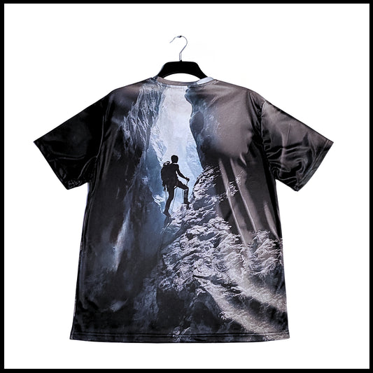 Munro Mental Tshirt Into The Light back view with dramatic cave ascent silhouette
