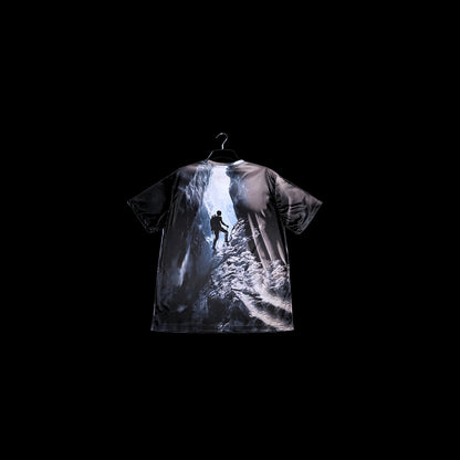 Munro Mental Tshirt Into The Light back detail with cave and climber artwork

