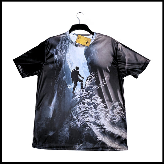 Munro Mental Tshirt Into The Light front view with climber emerging from darkness into light
