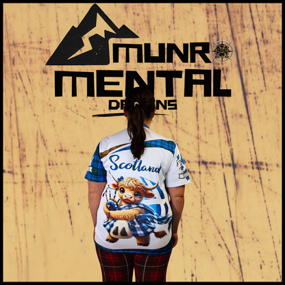 Munro Mental “Highland Coo Scotland” t-shirt – model back view
