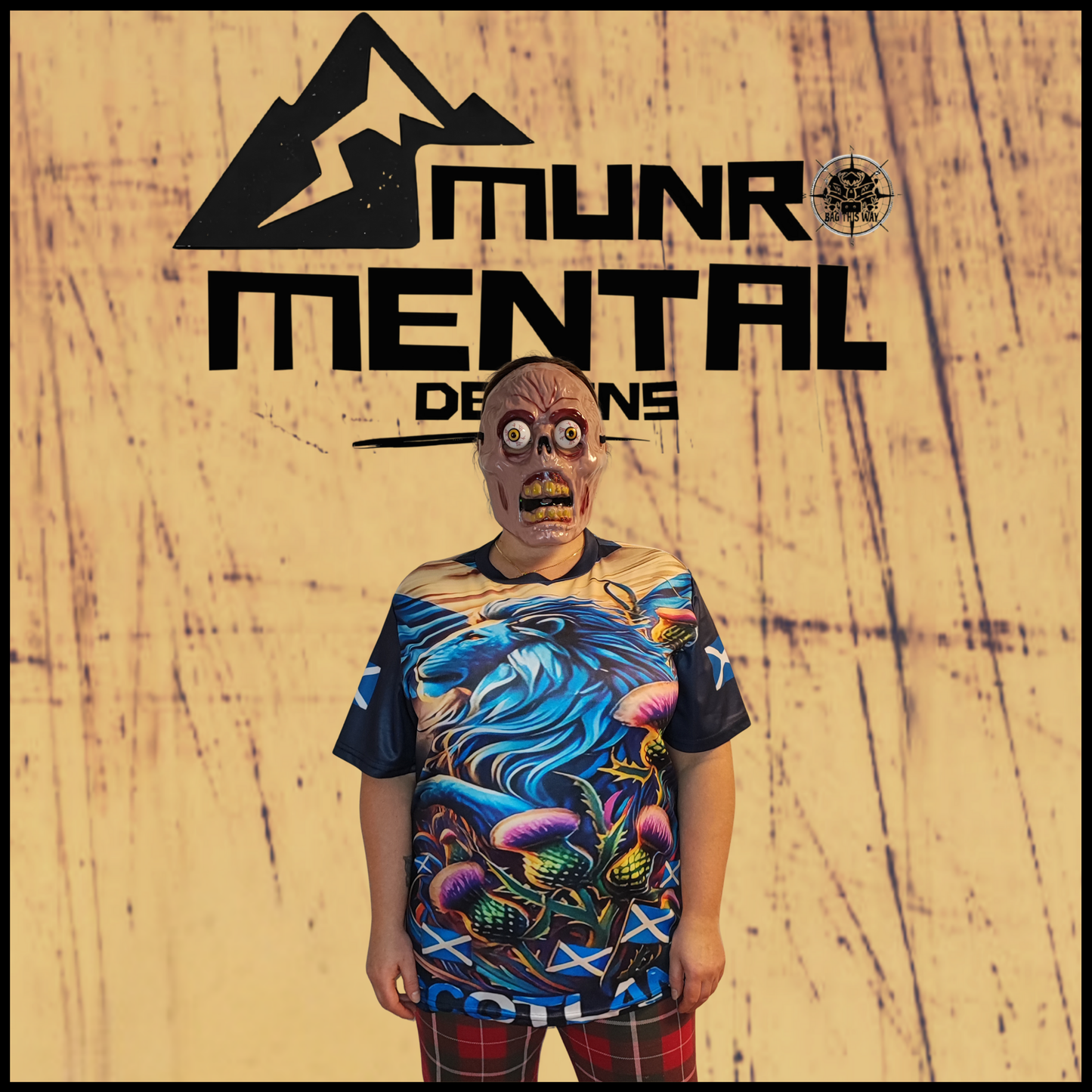 Munro Mental “Highland Lion” t-shirt – model front view
