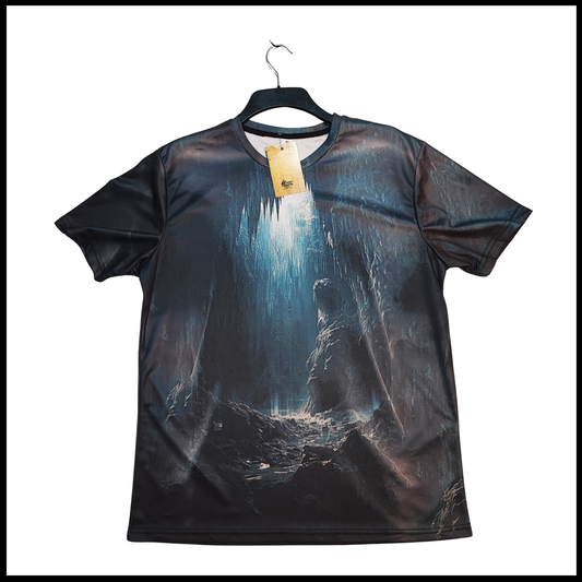 Munro Mental Tshirt Into the Deep front view with dramatic cave print
