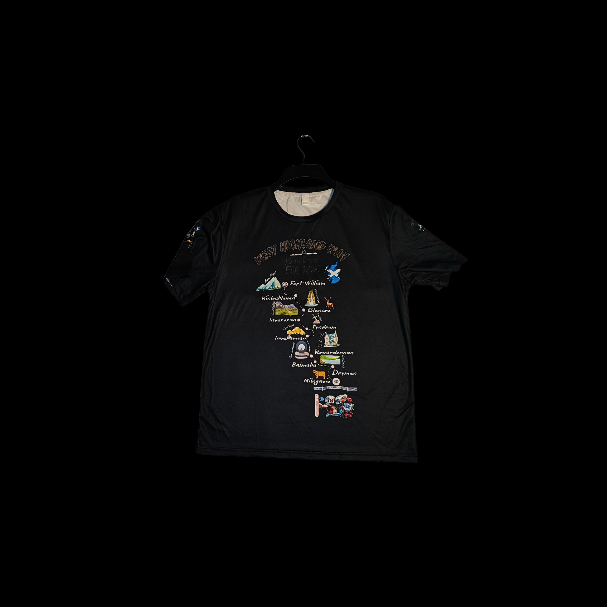 My Way on West Highland Way black t-shirt detail of front map print
