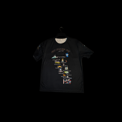 My Way on West Highland Way black t-shirt detail of front map print
