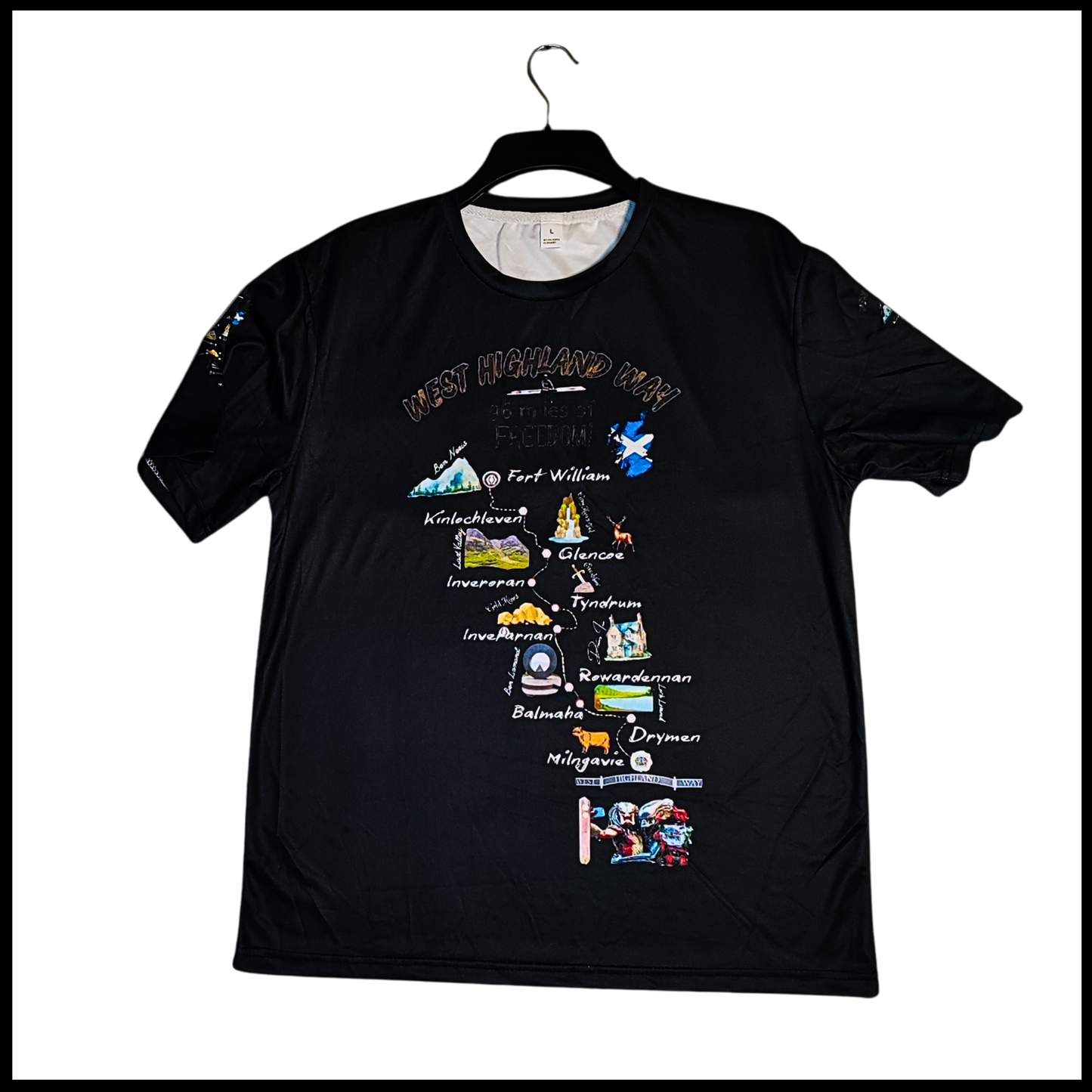 My Way on West Highland Way black t-shirt front view with route map design
