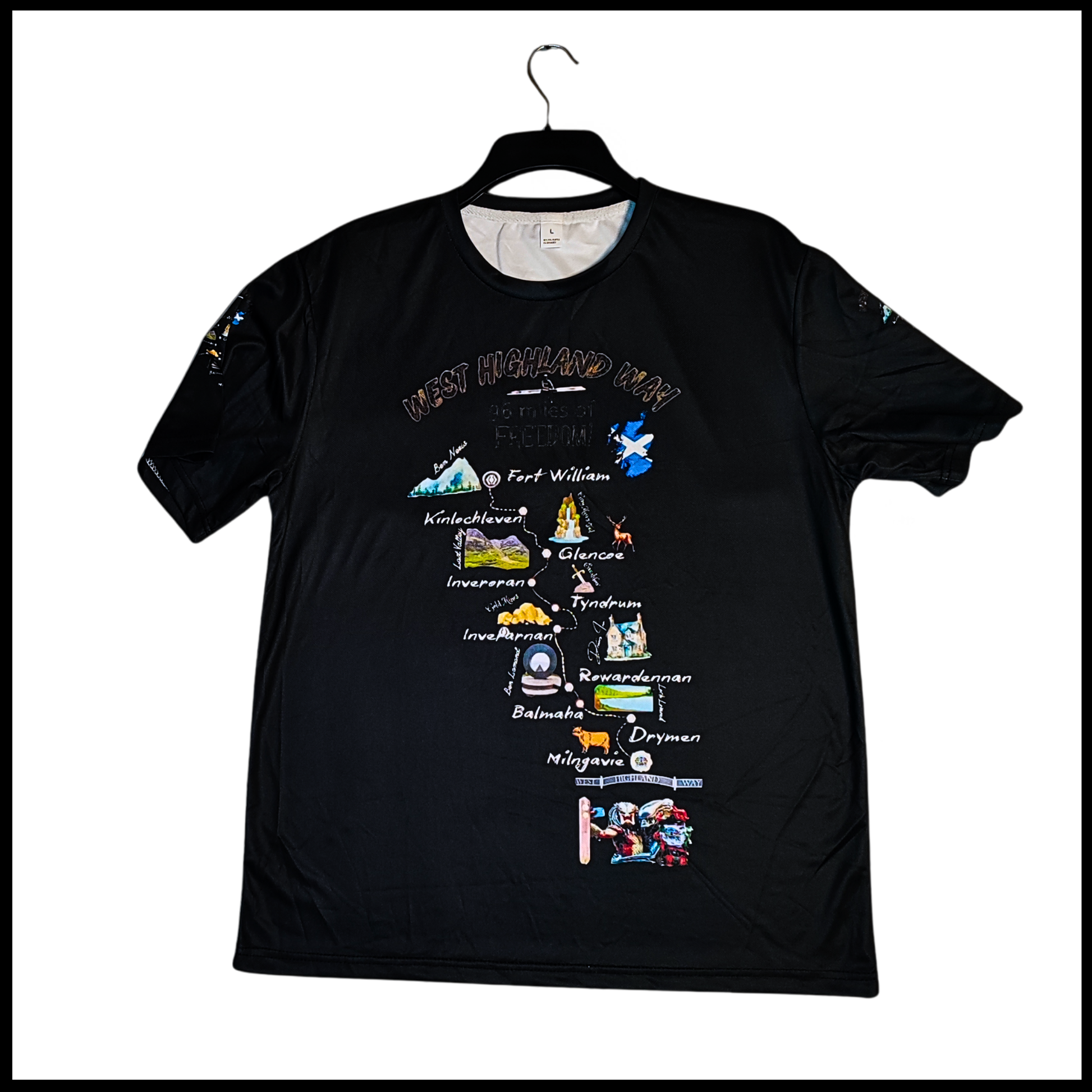 My Way on West Highland Way black t-shirt front view with route map design
