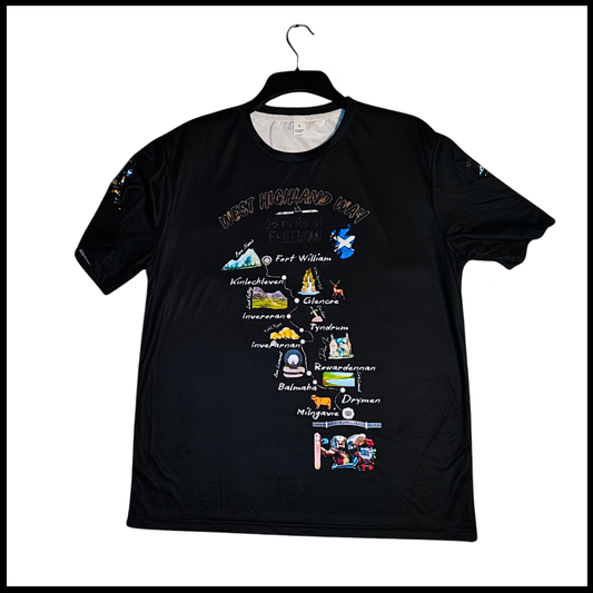 My Way on West Highland Way black t-shirt front view with route map design

