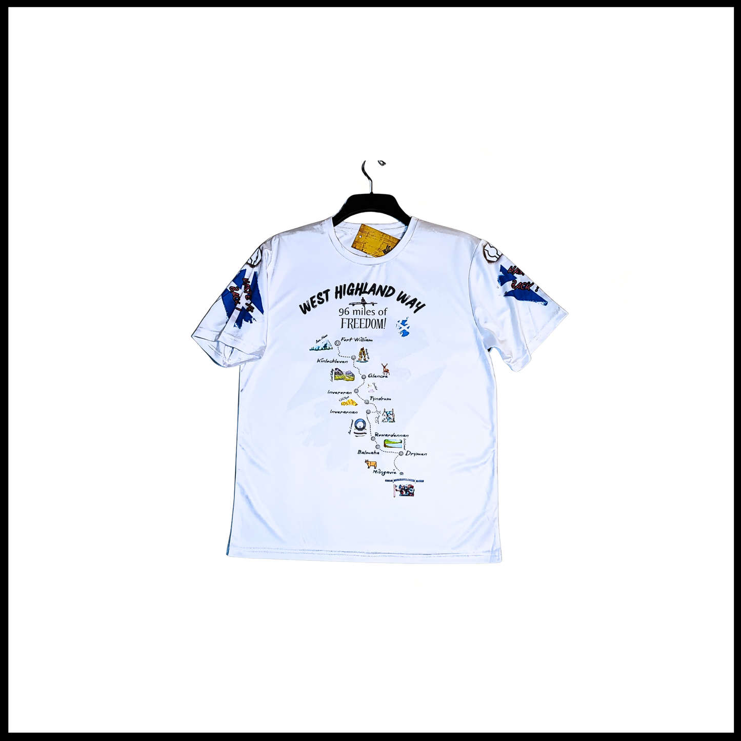 My Way on West Highland Way white t-shirt detail of front map print
