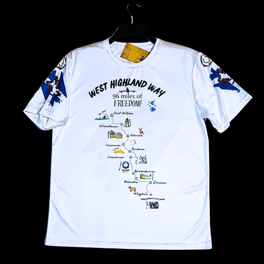 My Way on West Highland Way white t-shirt front view with illustrated route map
