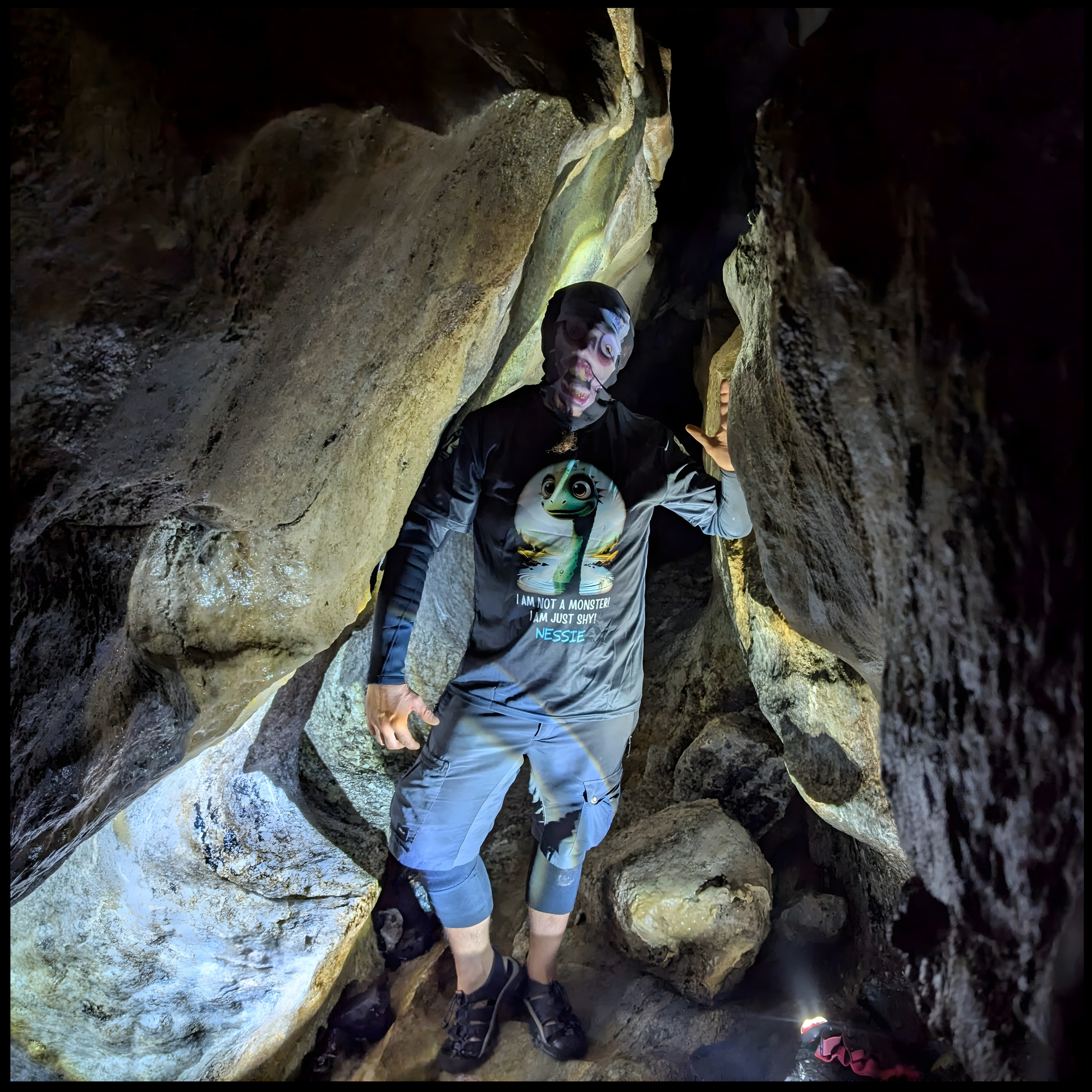 Munro Mental “Not a Loch Ness Monster” t-shirt – outdoor cave photo