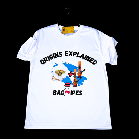 Munro Mental tshirt Origins Explained Bagpipes front view with illustrated equation design
