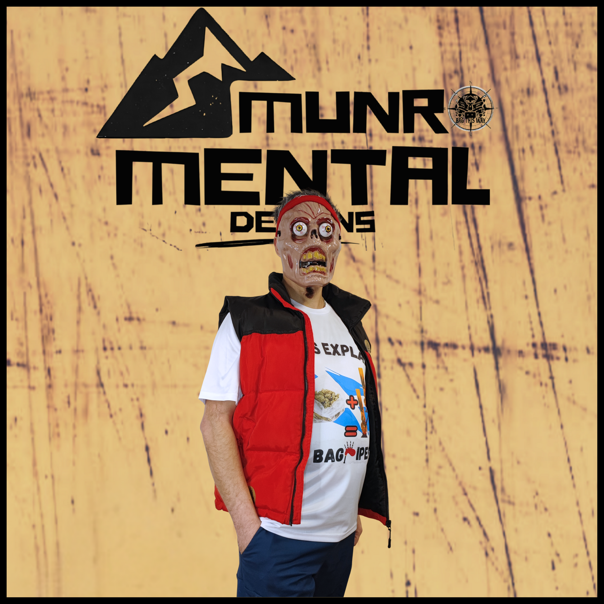 Munro Mental tshirt Origins Explained Bagpipes model left side view
