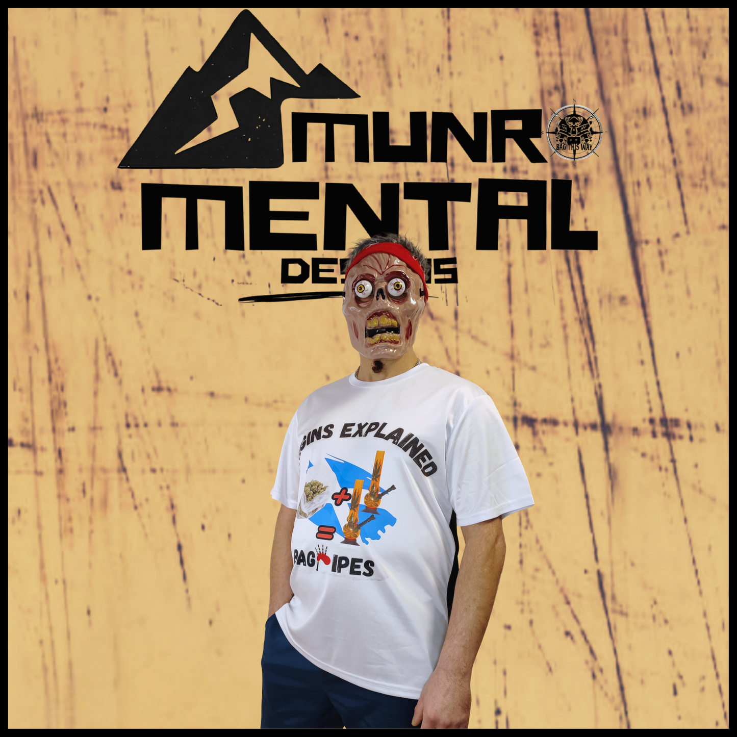 Munro Mental tshirt Origins Explained Bagpipes model right side view
