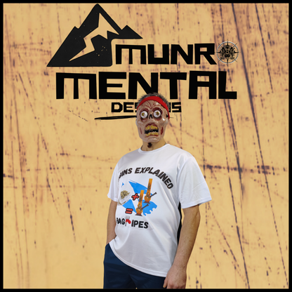 Munro Mental tshirt Origins Explained Bagpipes model right side view
