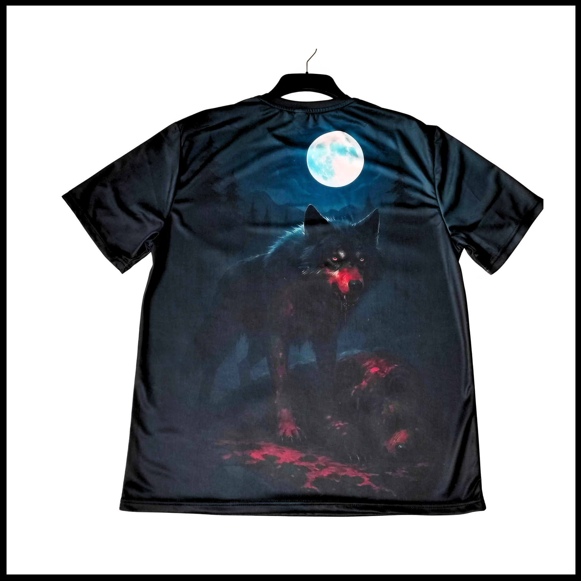Rage of the Wolf t-shirt back view with wolf under full moon 

