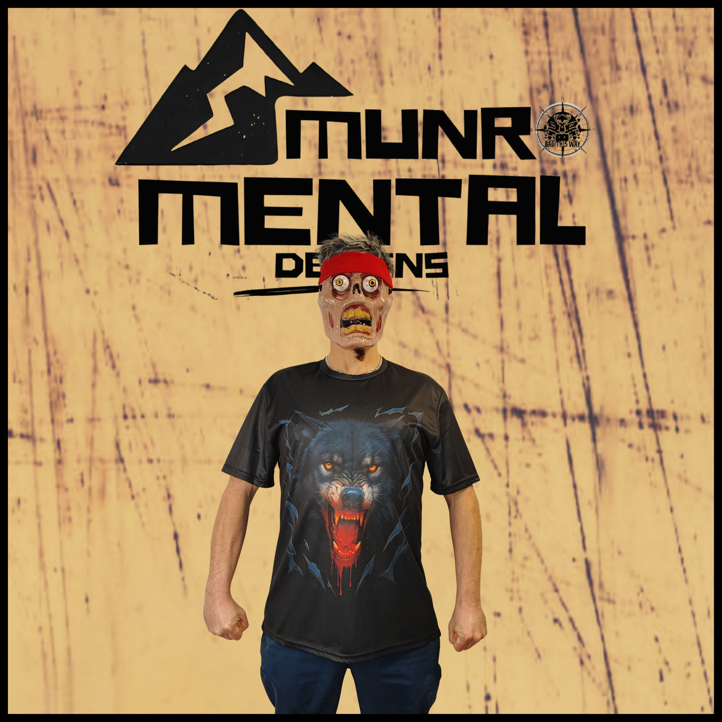 Rage of the Wolf t-shirt worn by model front view with raging wolf design
