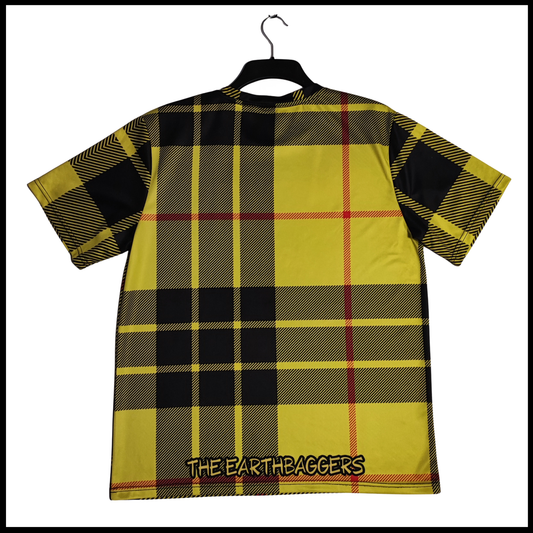 Munro Mental TShirt The Earthbaggers tartan design back view with yellow Scottish pattern
