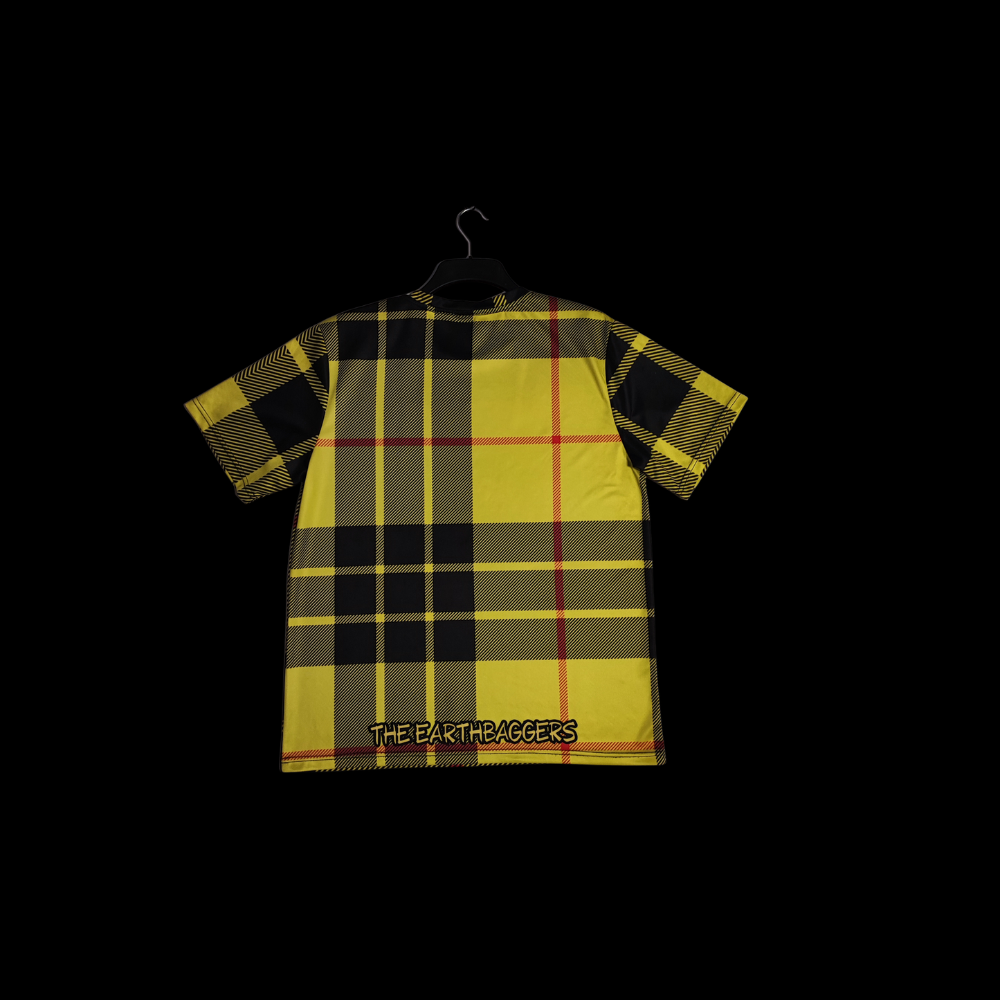 Munro Mental TShirt The Earthbaggers tartan detail back showing Scottish tartan texture
