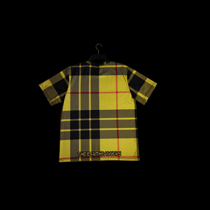 Munro Mental TShirt The Earthbaggers tartan detail back showing Scottish tartan texture
