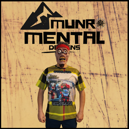 Munro Mental TShirt The Earthbaggers worn by model front view Milngavie artwork
