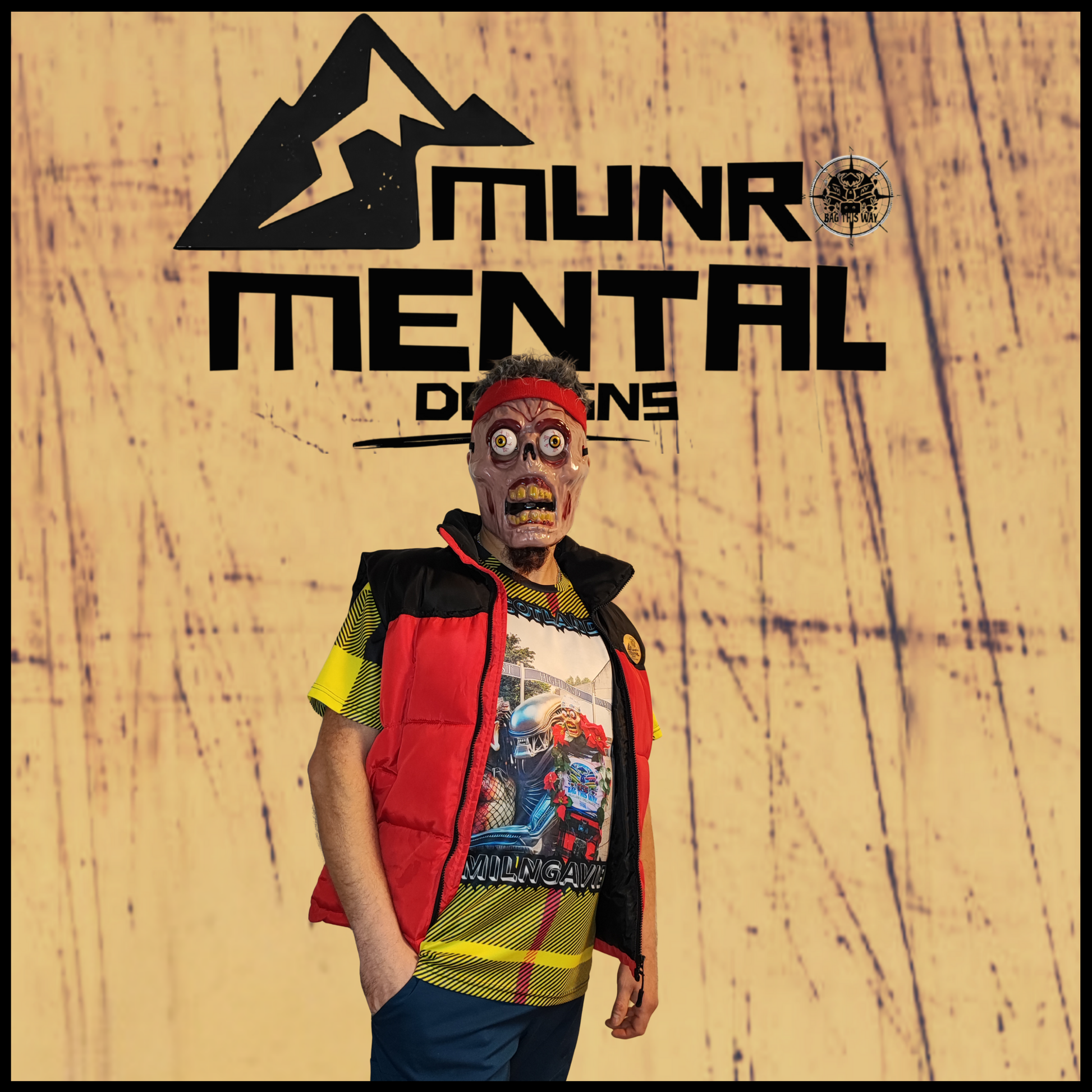 Munro Mental TShirt The Earthbaggers model left side view tartan and front graphic
