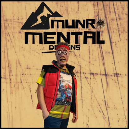 Munro Mental TShirt The Earthbaggers model left side view tartan and front graphic
