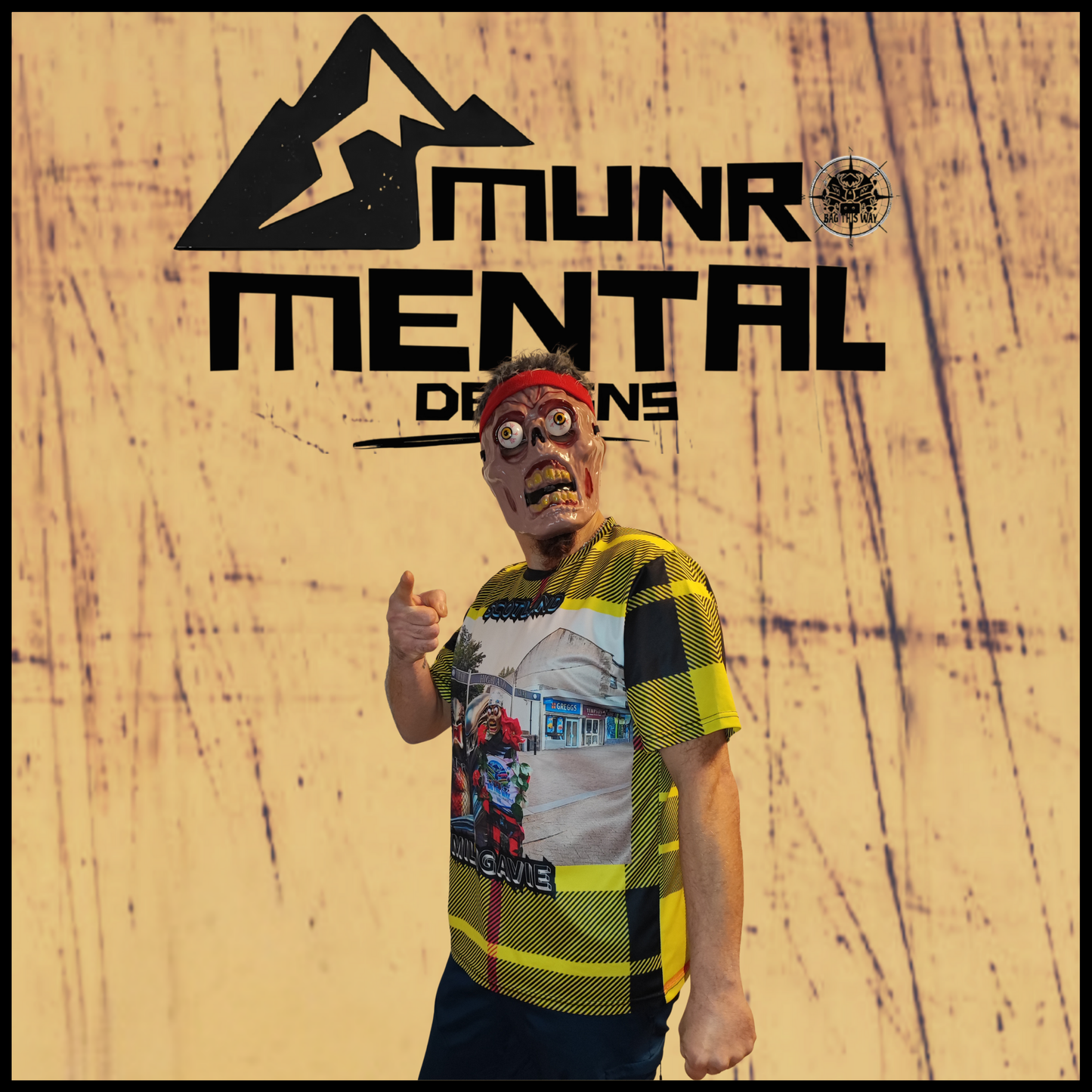 Munro Mental TShirt The Earthbaggers model right side view Scottish tartan design
