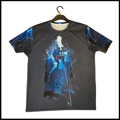 Munro Mental Tshirt The Cave front view with climber suspended inside dark cave
