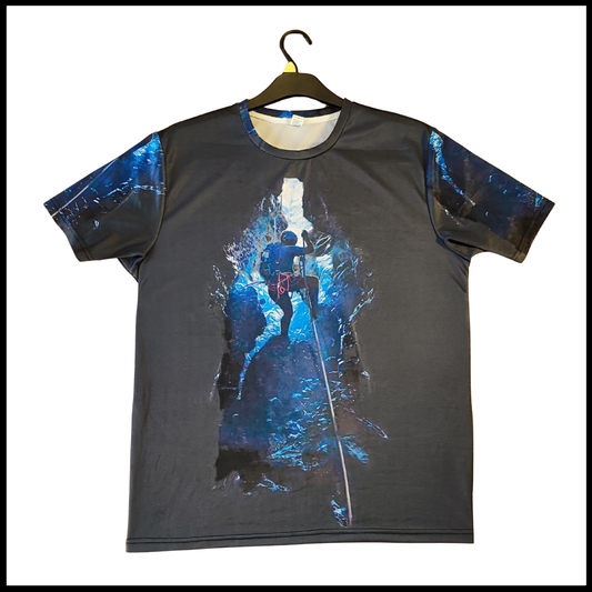 Munro Mental Tshirt The Cave front view with climber suspended inside dark cave
