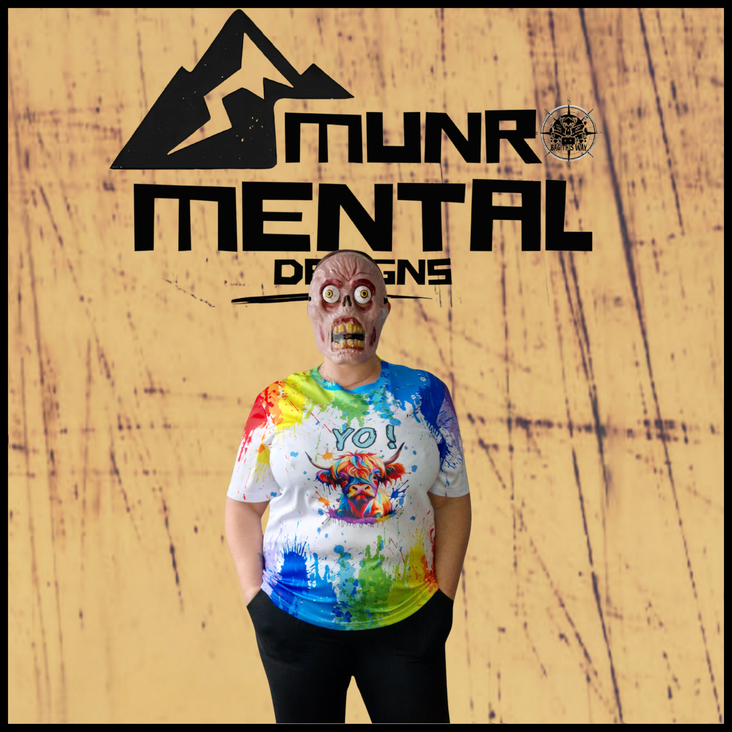 Munro Mental “The Highland Moo” t-shirt – model front view
