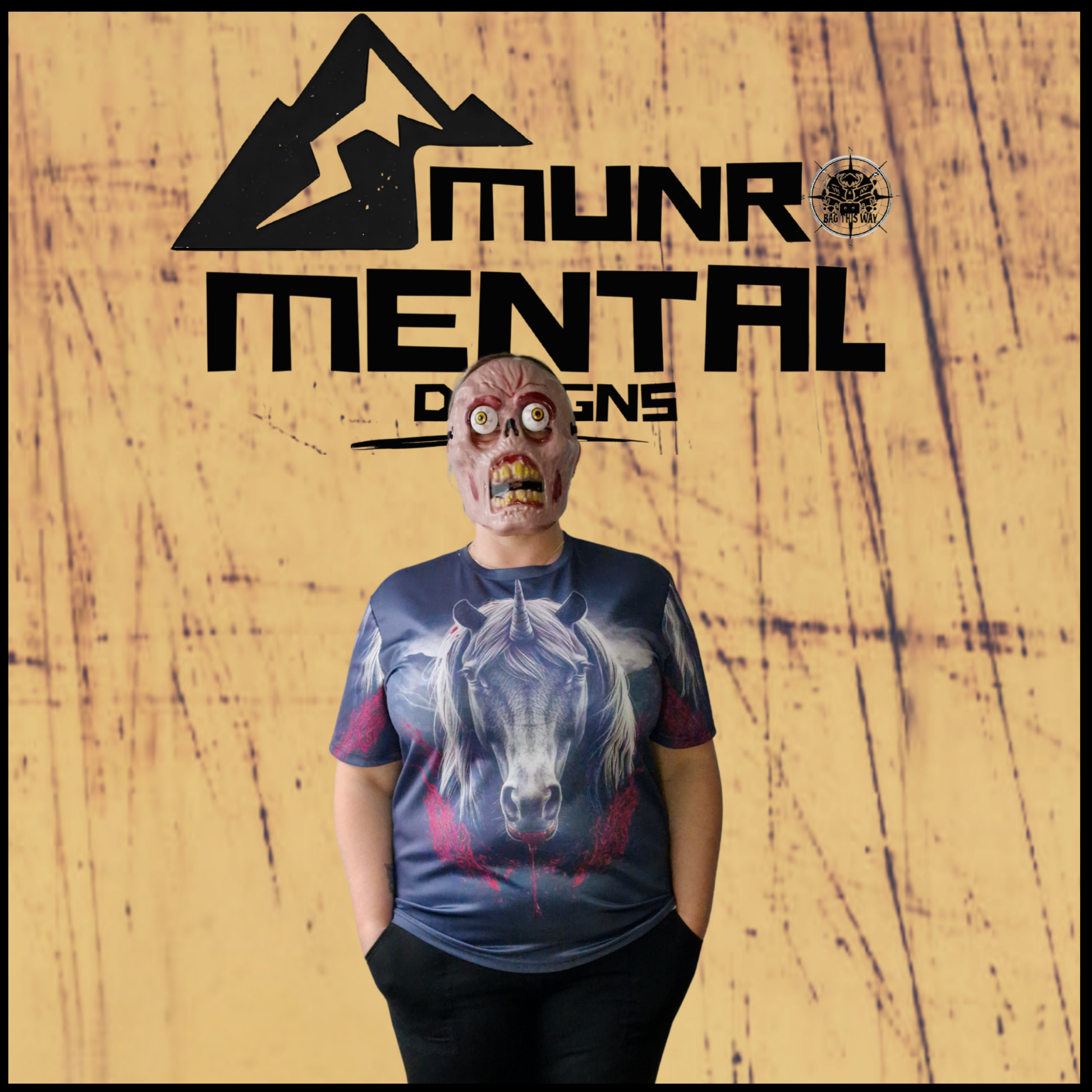 Munro Mental “Unchained Unicorn” t-shirt – model front view
