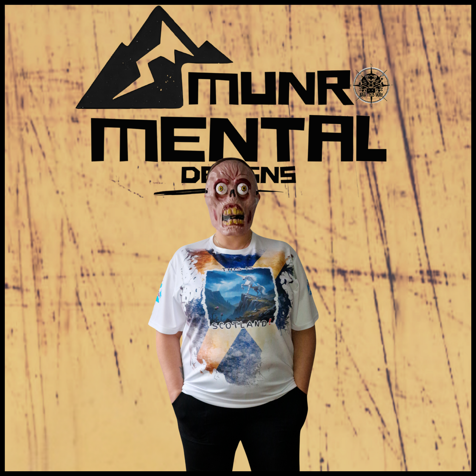 Munro Mental “Unicorn of the North” t-shirt – model front view
