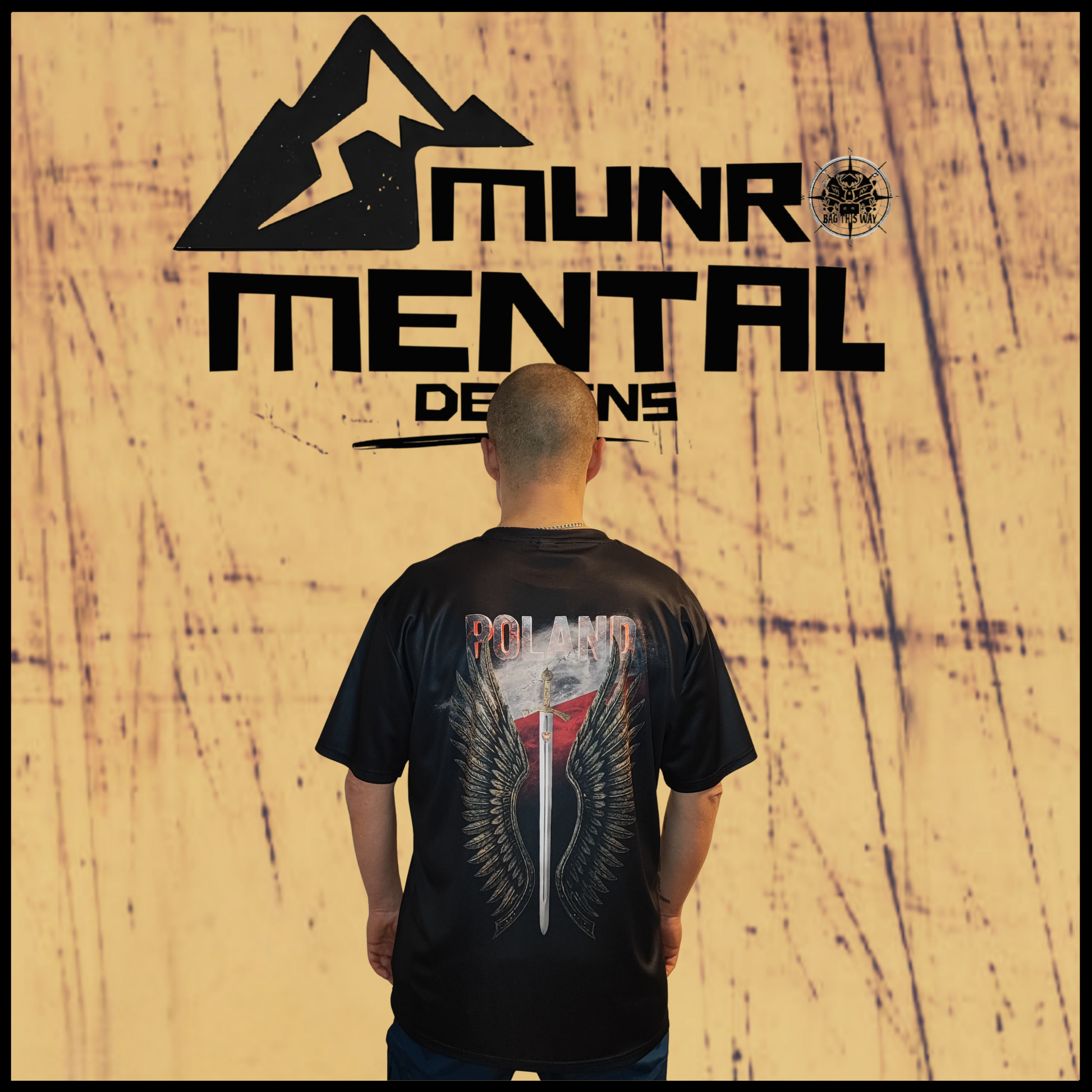 Munro Mental “White Eagle Rising” t-shirt – black – model back view
