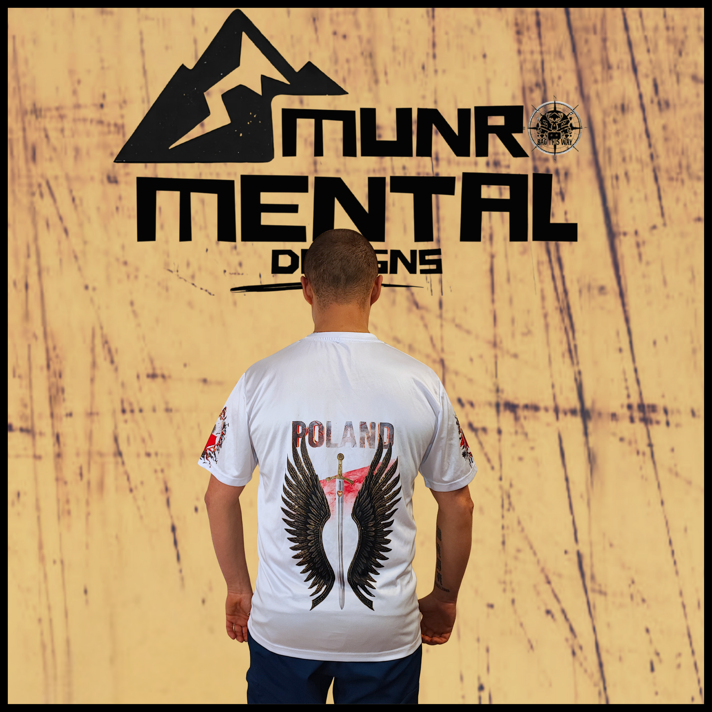 Munro Mental “White Eagle Rising” t-shirt – white – model back view
