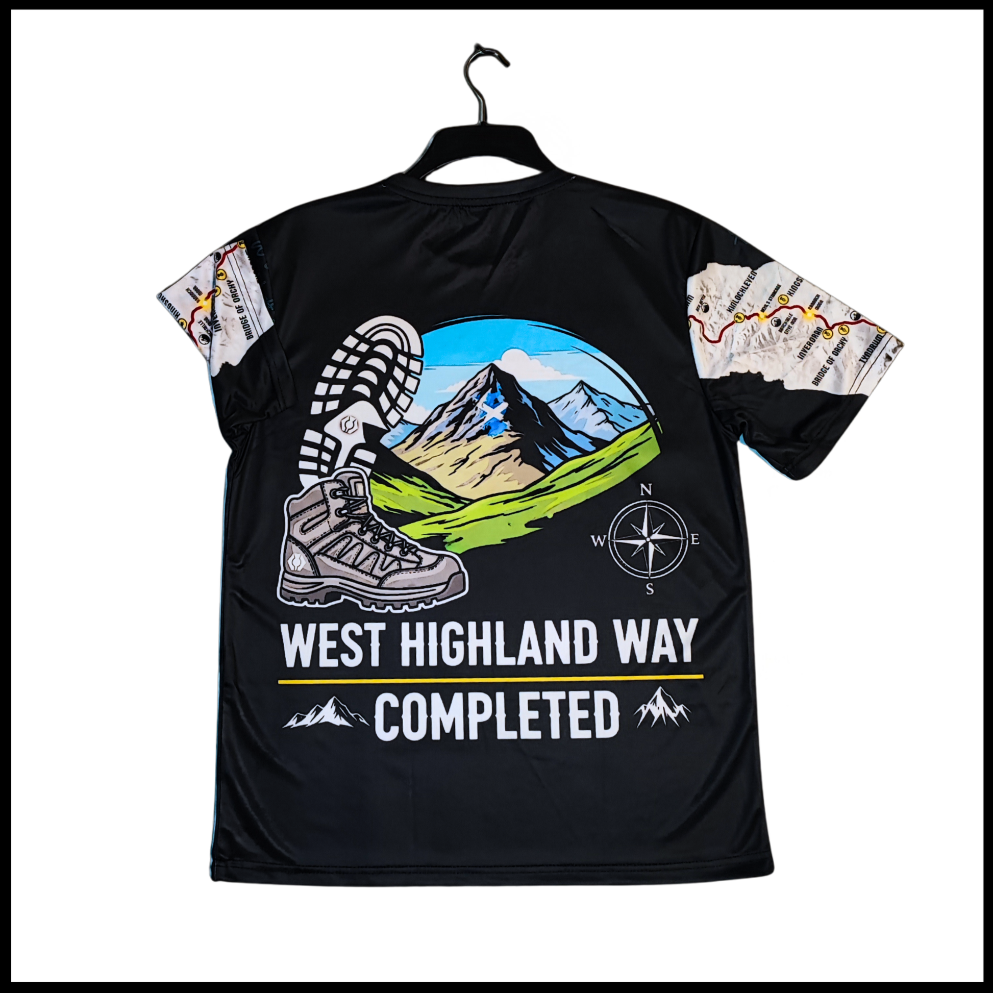 WHW Finisher black t-shirt back with West Highland Way Completed graphic
