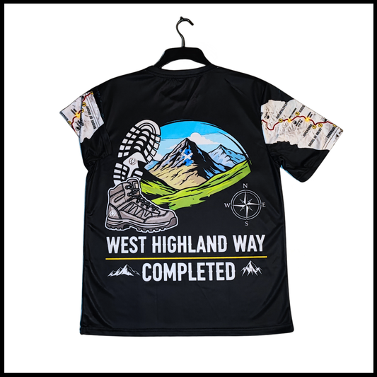 WHW Finisher black t-shirt back with West Highland Way Completed graphic

