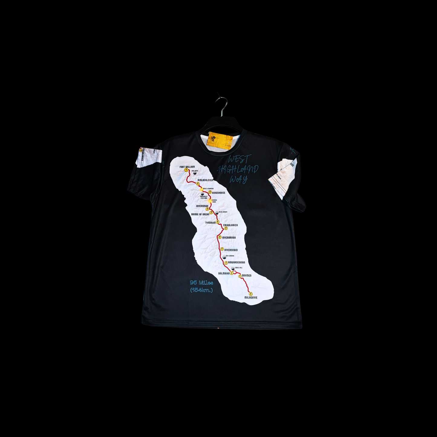 WHW Finisher black t-shirt detail of West Highland Way route map print
