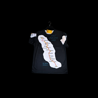 WHW Finisher black t-shirt detail of West Highland Way route map print
