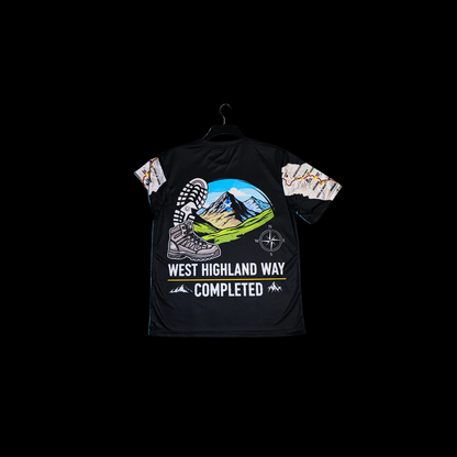 WHW Finisher black t-shirt detail of completed trail graphic