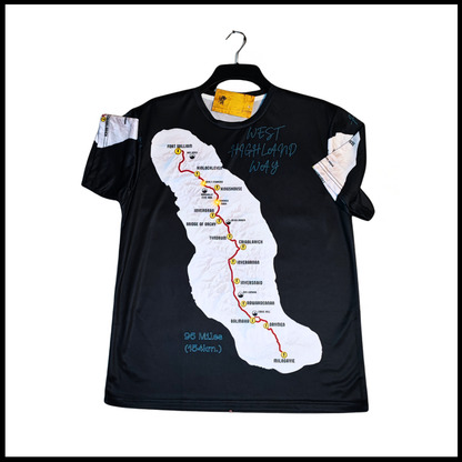 WHW Finisher black t-shirt front with West Highland Way route map 
