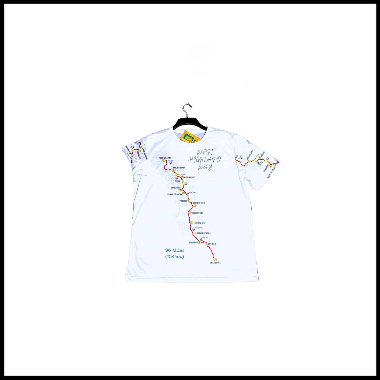 WHW Finisher white t-shirt detail of West Highland Way route map print