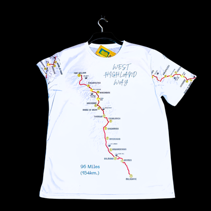 WHW Finisher white t-shirt front with West Highland Way route map